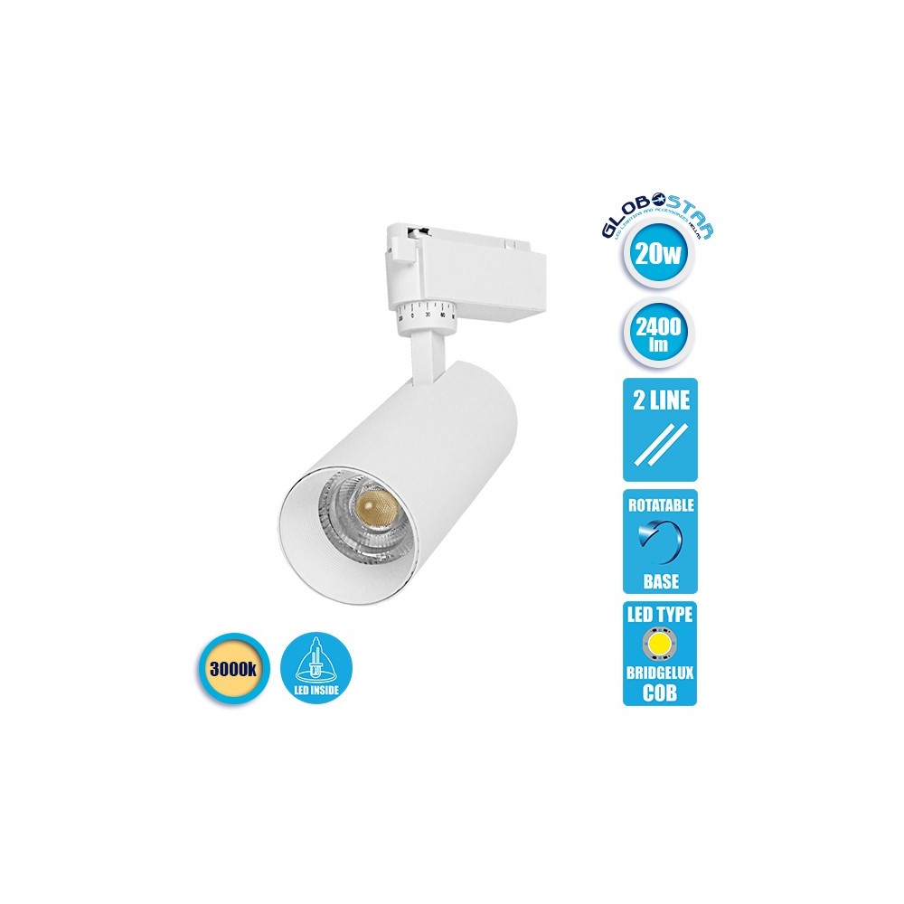 Globostar S-40018 Μονοφασικό Bridgelux COB LED Λευκό Φωτιστικό Σποτ Ράγας 20W 230V 2400lm 30° Θερμό Λευκό 3000k